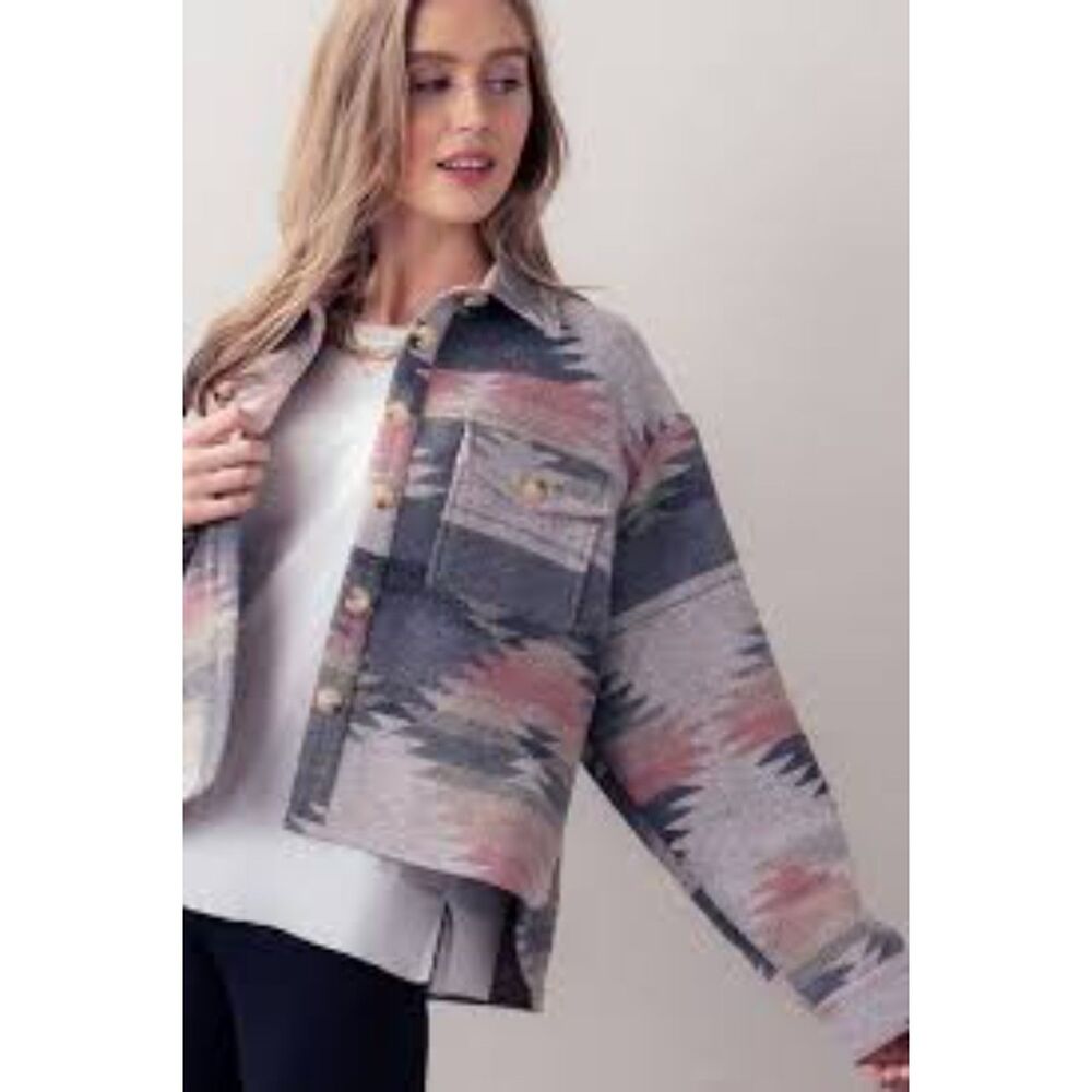 Simply Southern Cropped Aztec Shacket - Pink & Grey - Size Small